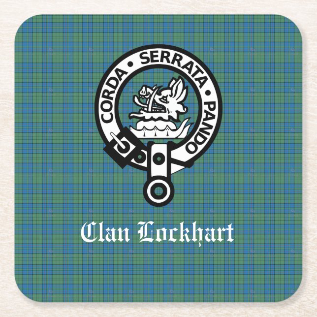 Clan Lockhart Crest Badge & Tartan Square Paper Coaster (Front)
