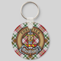 Clan MacAlister Crest over Dress Tartan Keychain