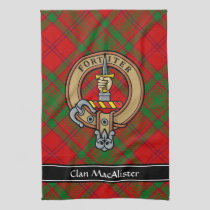 Clan MacAlister Crest over Glenbarr Tartan Kitchen Towel