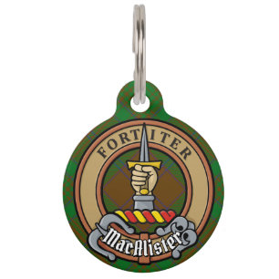 Clan MacAlister Crest over Hunting Glenbarr Tartan Pet ID Tag