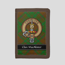 Clan MacAlister Crest over Hunting Glenbarr Tartan Trifold Wallet