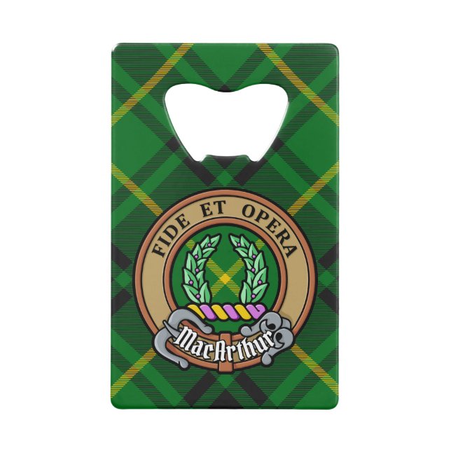 Clan MacArthur Crest over Tartan Credit Card Bottle Opener (Front)
