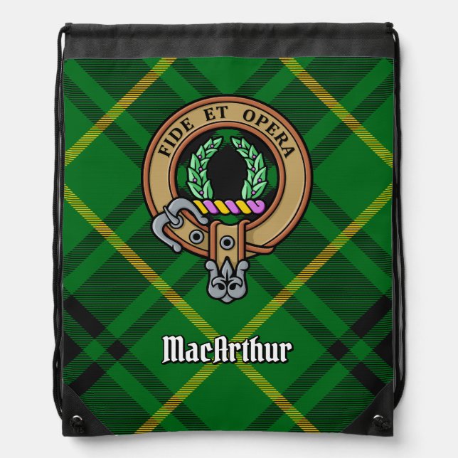 Clan MacArthur Crest over Tartan Drawstring Bag (Front)