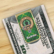 Clan MacArthur Crest over Tartan Gold Finish Money Clip