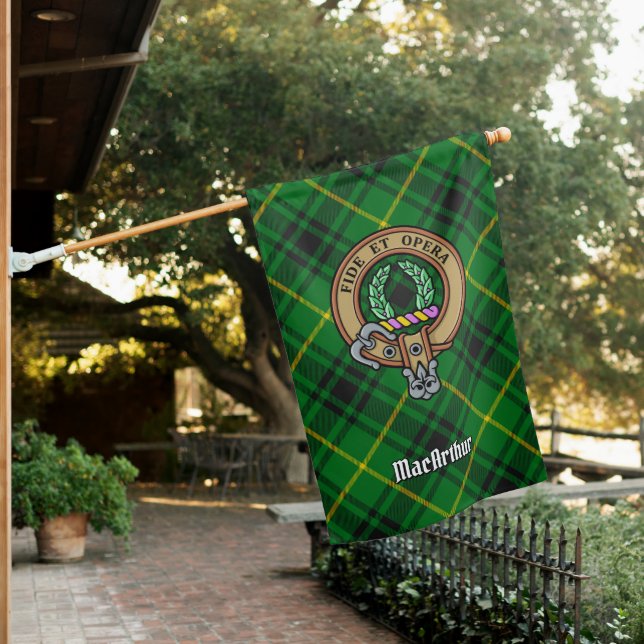 Clan MacArthur Crest over Tartan House Flag (In SItu)
