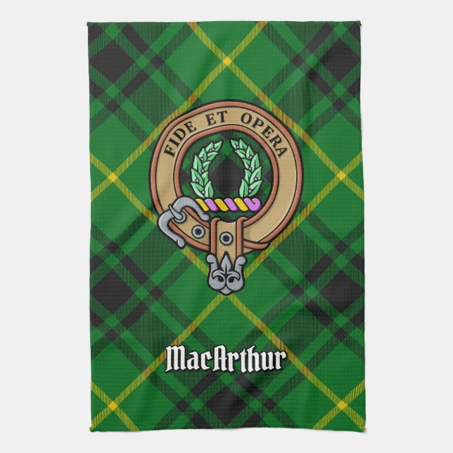 Clan MacArthur Crest over Tartan Kitchen Towel (Vertical)