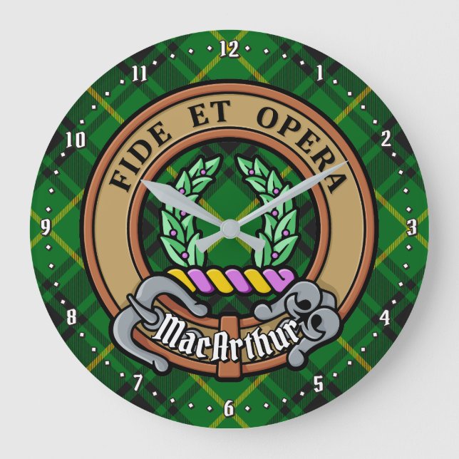 Clan MacArthur Crest over Tartan Large Clock (Front)