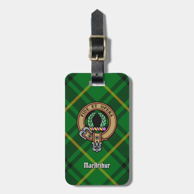 Clan MacArthur Crest over Tartan Luggage Tag (Front Vertical)