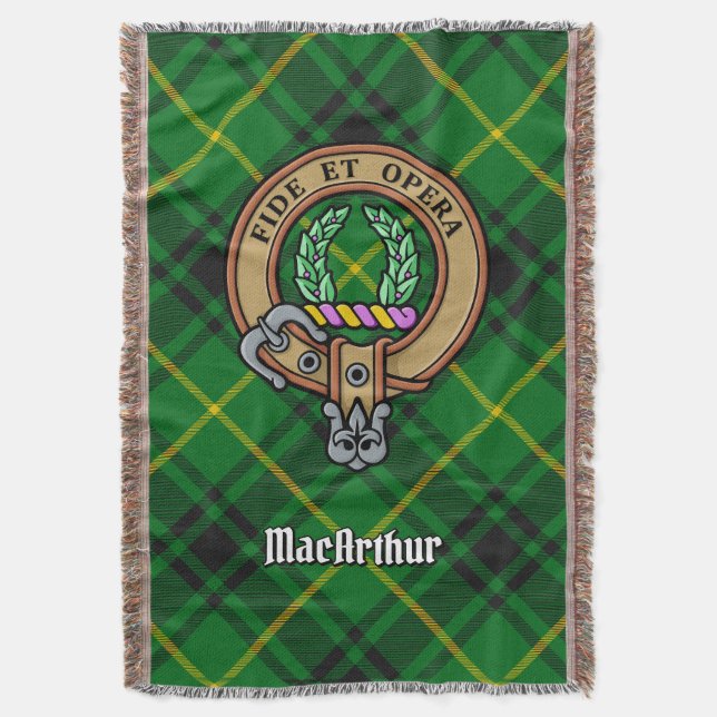 Clan MacArthur Crest over Tartan Throw Blanket (Front Vertical)