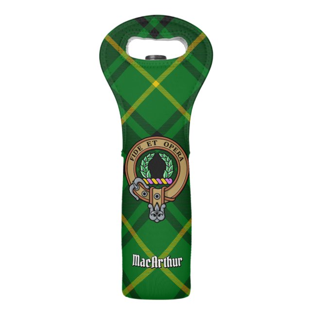 Clan MacArthur Crest over Tartan Wine Bag (Front)