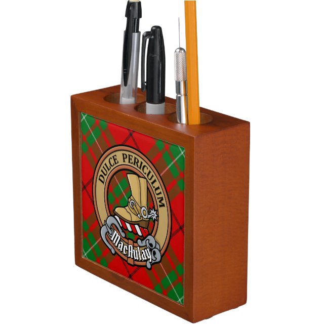Clan MacAulay Crest over Tartan Desk Organizer (In Situ)