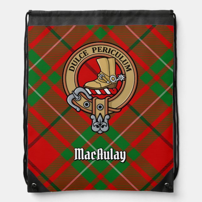 Clan MacAulay Crest over Tartan Drawstring Bag (Front)