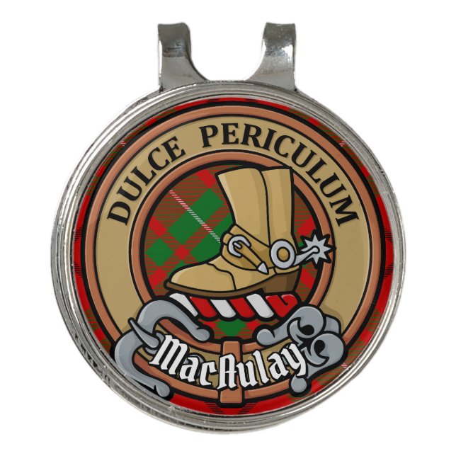 Clan MacAulay Crest over Tartan Golf Hat Clip (Front)