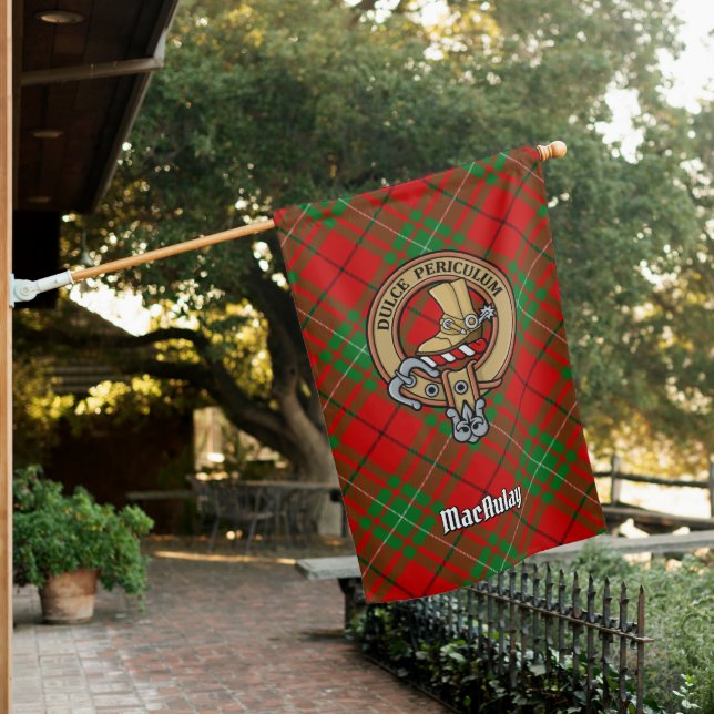 Clan MacAulay Crest over Tartan House Flag (In SItu)