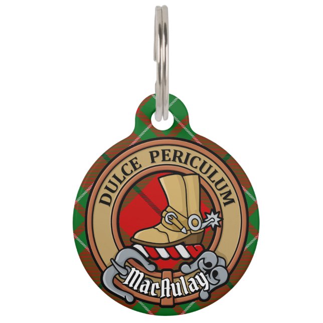 Clan MacAulay Crest over Tartan Pet ID Tag (Front)