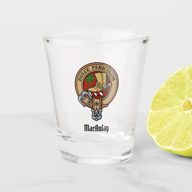 Clan MacAulay Crest over Tartan Shot Glass (Front)