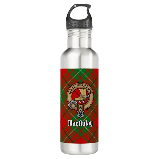 Clan MacAulay Crest over Tartan Stainless Steel Water Bottle (Front)