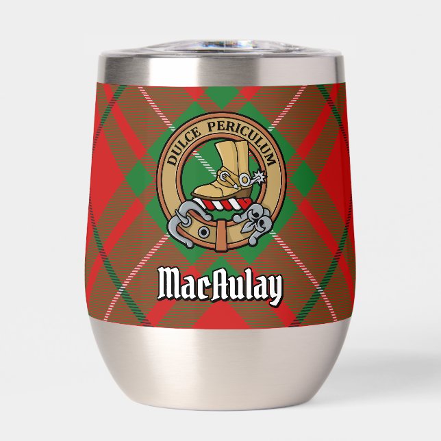 Clan MacAulay Crest over Tartan Thermal Wine Tumbler (Front)