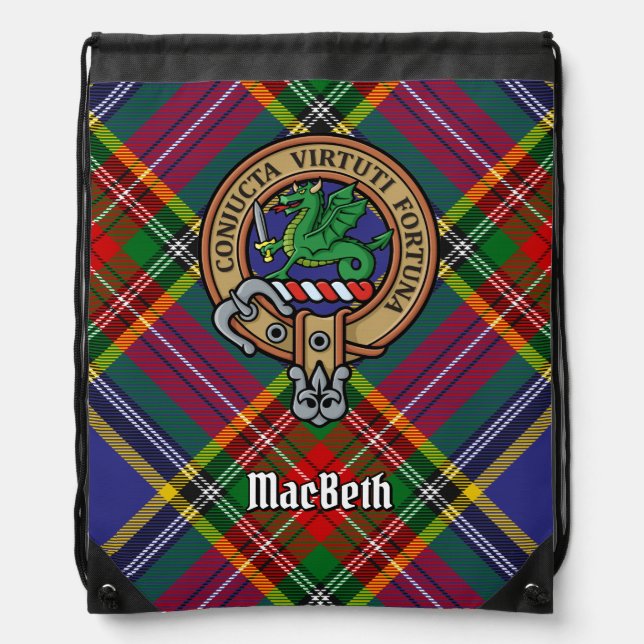 Clan MacBeth Crest over Tartan Drawstring Bag (Front)