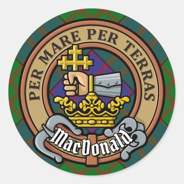 Clan MacDonald Crest over Tartan Classic Round Sticker (Front)