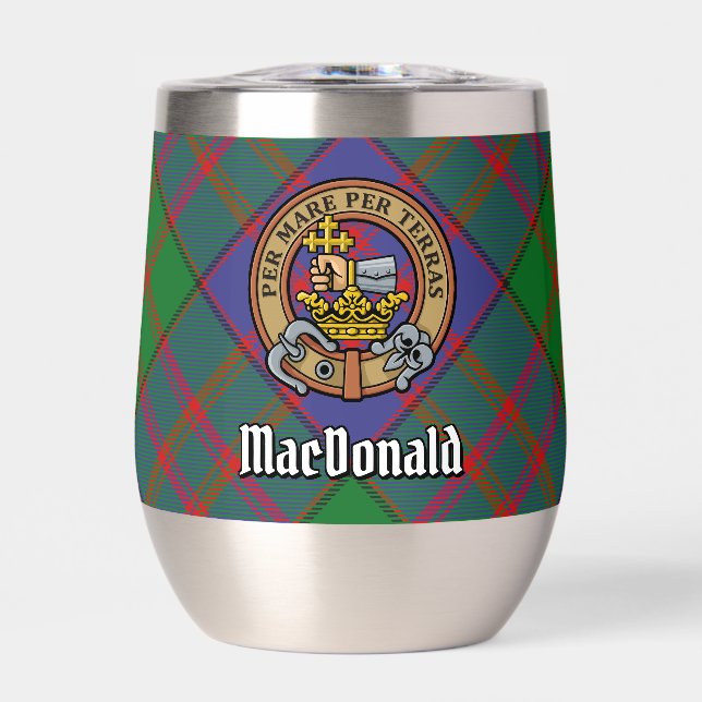 Clan MacDonald Crest over Tartan Thermal Wine Tumbler (Front)