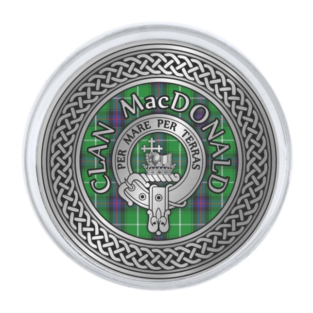 Clan MacDonald Crest & Tartan Knot Silver Finish Lapel Pin (Front)