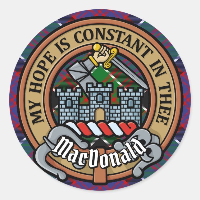 Clan MacDonald of Clanranald Crest over Tartan Classic Round Sticker (Front)