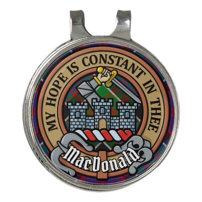 Clan MacDonald of Clanranald Crest over Tartan Golf Hat Clip (Front)