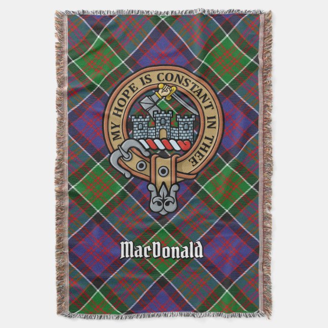 Clan MacDonald of Clanranald Crest over Tartan Throw Blanket (Front Vertical)