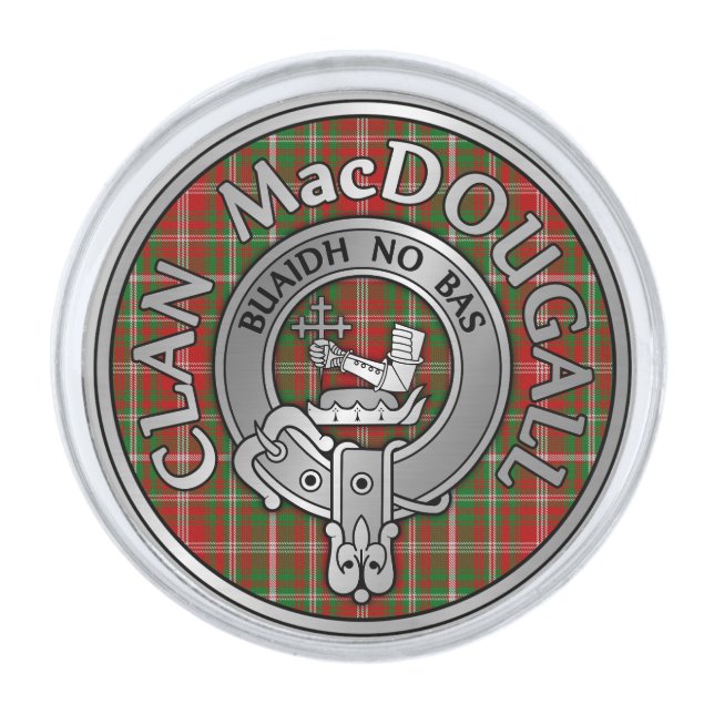 Clan MacDougall Crest & Tartan Silver Finish Lapel Pin (Front)