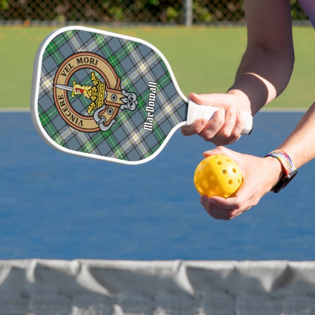 Clan MacDowall Crest over Tartan Pickleball Paddle (Insitu)