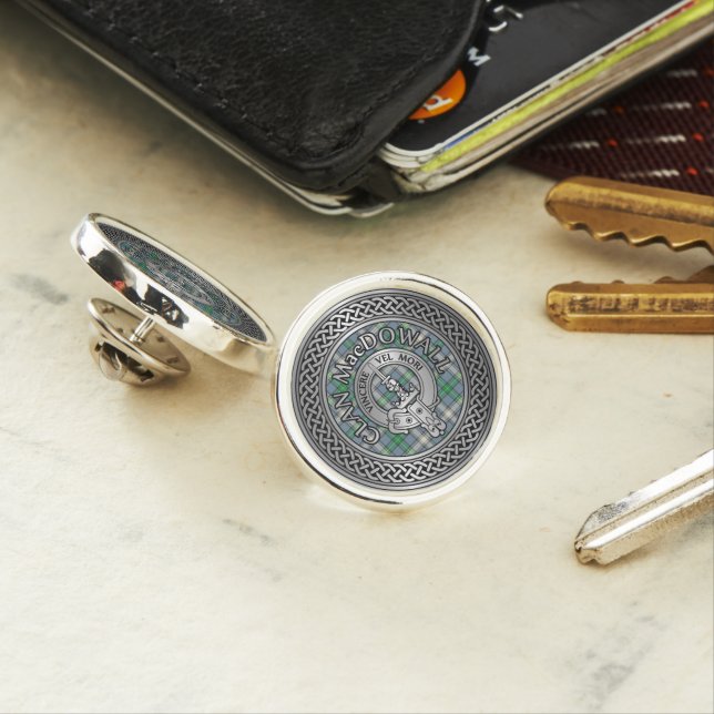 Clan MacDowall Crest & Tartan Knot Lapel Pin (In Situ)