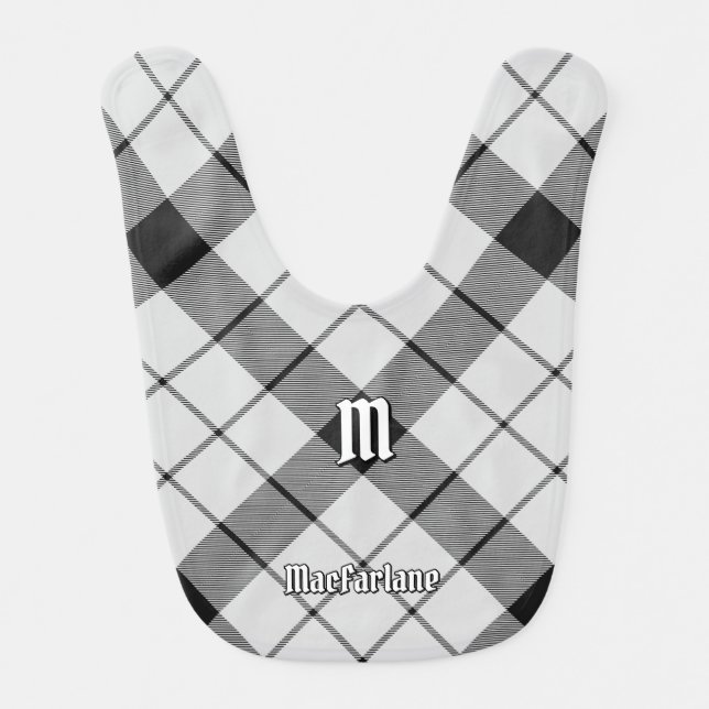 Clan MacFarlane Black and White Tartan Baby Bib (Front)