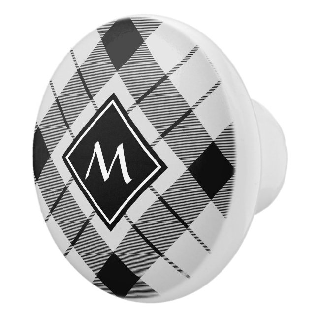 Clan MacFarlane Black and White Tartan Ceramic Knob (Right)