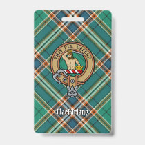 Clan MacFarlane Crest over Ancient Hunting Tartan Badge