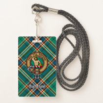 Clan MacFarlane Crest over Ancient Hunting Tartan Badge