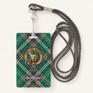 Clan MacFarlane Crest over Ancient Hunting Tartan Badge