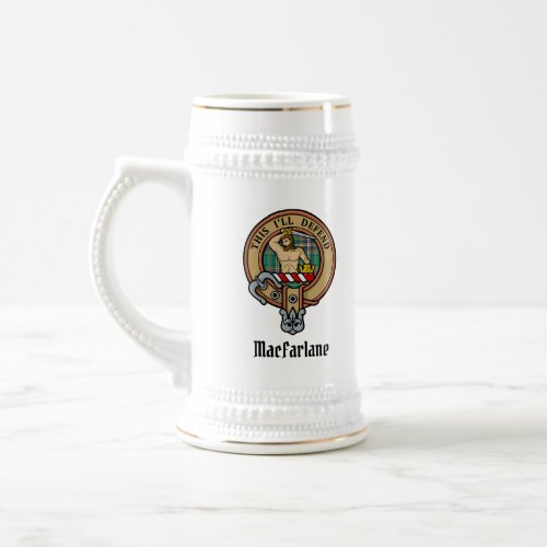 Clan MacFarlane Crest over Ancient Hunting Tartan Beer Stein