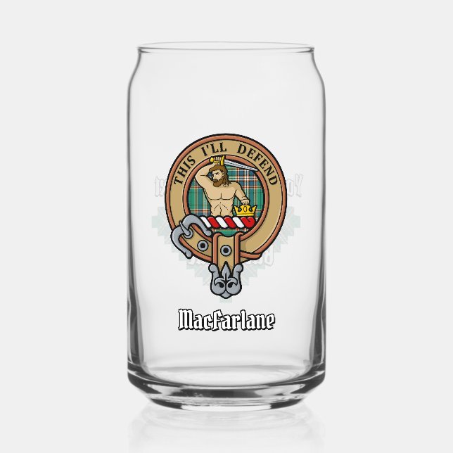 Clan MacFarlane Crest over Ancient Hunting Tartan Can Glass (Front)