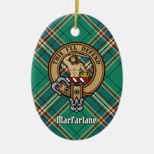Clan MacFarlane Crest over Ancient Hunting Tartan Ceramic Ornament