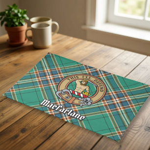 Clan MacFarlane Crest over Ancient Hunting Tartan Cloth Placemat