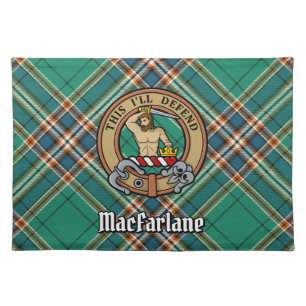 Clan MacFarlane Crest over Ancient Hunting Tartan Cloth Placemat