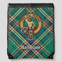 Clan MacFarlane Crest over Ancient Hunting Tartan Drawstring Bag