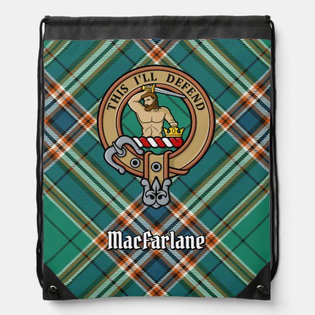 Clan MacFarlane Crest over Ancient Hunting Tartan Drawstring Bag (Front)