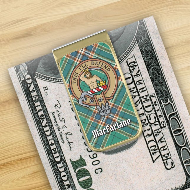 Clan MacFarlane Crest over Ancient Hunting Tartan Gold Finish Money Clip (Creator Uploaded)