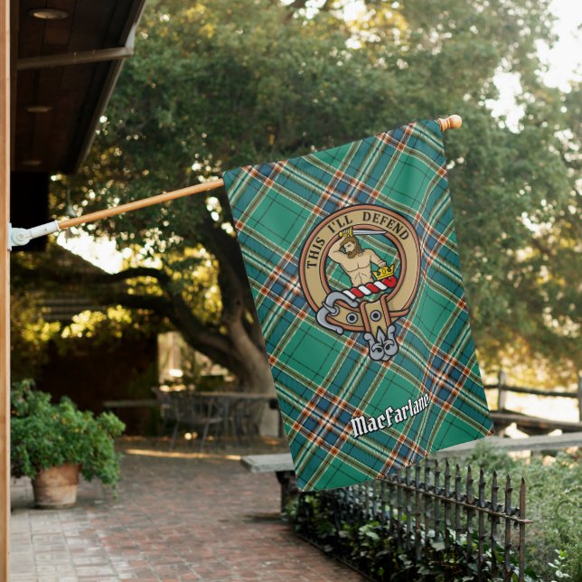 Clan MacFarlane Crest over Ancient Hunting Tartan House Flag (In SItu)