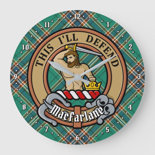 Clan MacFarlane Crest over Ancient Hunting Tartan Large Clock (Front)