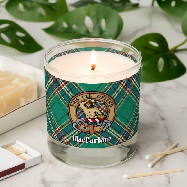 Clan MacFarlane Crest over Ancient Hunting Tartan Scented Candle (Lit)