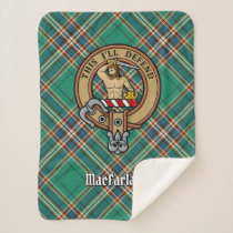 Clan MacFarlane Crest over Ancient Hunting Tartan Sherpa Blanket