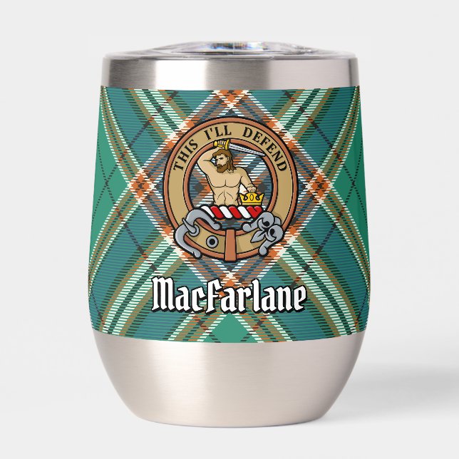 Clan MacFarlane Crest over Ancient Hunting Tartan Thermal Wine Tumbler (Front)
